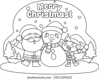 Outlined Merry Christmas Greeting With Santa, Snowman And Elf. Vector Hand Drawn Illustration With Landscape Background