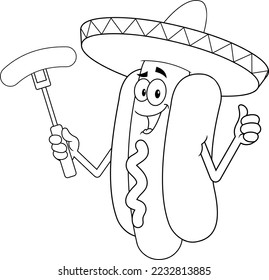 Outlined Mexican Hot Dog Cartoon Character Holding A Sausage On A Fork And Showing Thumbs Up. Vector Hand Drawn Illustration Isolated On Transparent Background