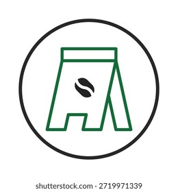 Un símbolo moderno y minimalista delineado presenta un tablero de sándwich que contiene un grano de café estilizado, adecuado para la marca de cafetería y la publicidad en la tienda, ideal para logotipos o iconos que promueven el café