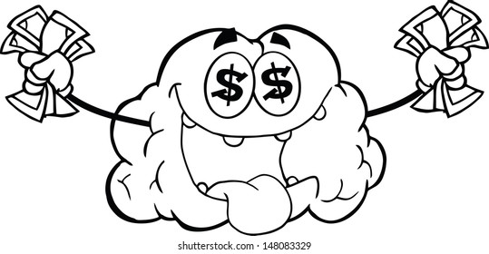 Outlined Money Loving Brain Cartoon Mascot Character