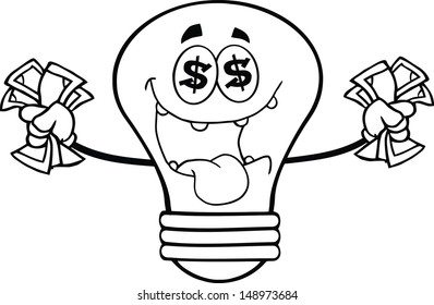Outlined Money Loving Light Bulb Cartoon Character