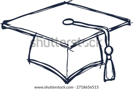 Outlined mortarboard hat with dangling tassel shown from a slight angle for commencement themes.