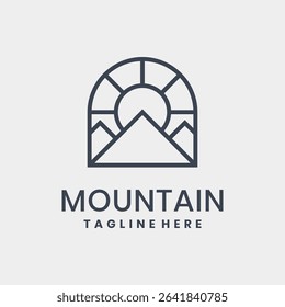 Outlined mountain and sun logo in minimalist monochrome style