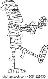 Outlined Mummy Cartoon Character Walking. Vector Hand Drawn Illustration Isolated On White Background