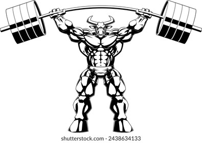 Outlined Muscular Bull Bodybuilder Mascot Lifting Big Barbell Vector Hand Drawn Illustration Isolated On Transparent Background