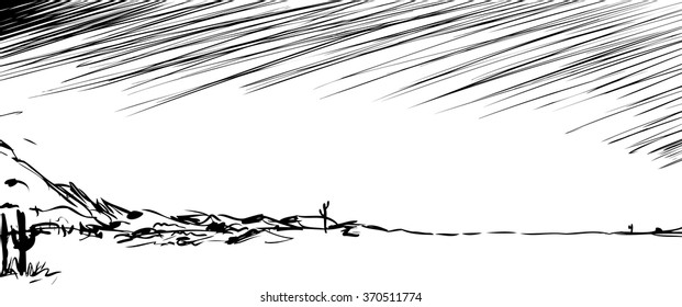 Outlined nature background illustration of desert with cactus and hills