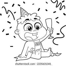 Outlined New Year Baby Cartoon Character With Glass of Champagne And Ribbon Numbers 2023. Vector Hand Drawn Illustration Isolated On Transparent Background