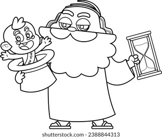 Outlined New Year Baby And Father Time Man Cartoon Characters. Vector Hand Drawn Illustration Isolated On Transparent Background