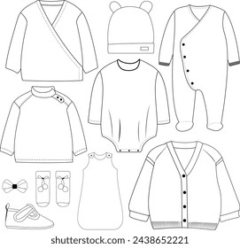 outlined Newborn baby dress set contains jacket, bodysuits, rompers, hat, sleepers, shocks and tops