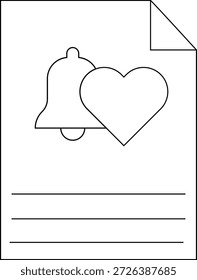 Icono de notificación delineado en la página con líneas de corazón de campana diseño blanco negro