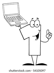 Outlined Number One Character Holding A Laptop