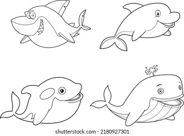 Outlined Ocean Or Sea Animals Cartoon Characters Different Poses. Vector Hand Drawn Collection Set Isolated On White Background
