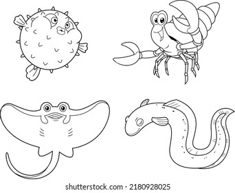 Outlined Ocean Or Sea Animals Cartoon Characters Different Poses. Vector Hand Drawn Collection Set Isolated On White Background