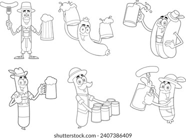 Outlined Oktoberfest HotDog Cartoon Characters. Vector Hand Drawn Collection Set Isolated On Transparent Background