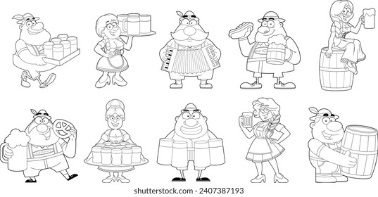 Outlined Oktoberfest People Cartoon Characters. Vector Hand Drawn Collection Set Isolated On Transparent Background