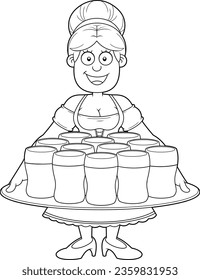 Outlined Oktoberfest Woman Waitress Cartoon Character In Traditional Bavarian Clothes Holding Tray Beer Glasses. Vector Hand Drawn Illustration Isolated On Transparent Background