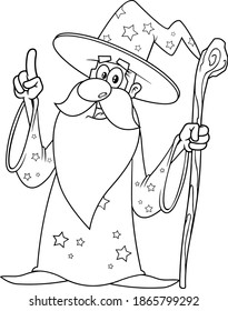 Outlined Old Wizard Cartoon Character With A Cane Pointing. Vector Illustration Isolated On White Background