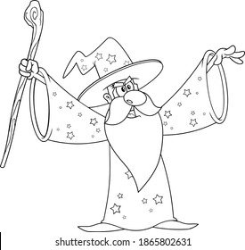 Outlined Old Wizard Cartoon Character With A Cane Making Magic. Vector Illustration Isolated On White Background