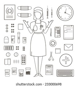 Outlined One Color Medical Symbols and Icons Collection with Nurse Standing. Medicine monochrome tools and medicament set isolated. Vector EPS10.
