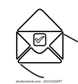 Ícone de email aberto com estrutura de tópicos com marca de seleção. Mínimo e eficiente para controle de IU e caixa de entrada.