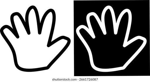 Icono de mano abierta delineada en versiones en blanco y negro, que simboliza parada, saludo o interacción. Perfecto para diseño de interfaz de usuario, señales de seguridad o imágenes de comunicación