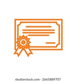 Icono de certificado naranja delineado con una cinta estampada con estrellas, que simboliza el logro y el reconocimiento oficial.