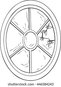 Outlined oval shaped broken glass window illustration over white