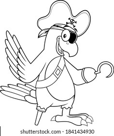 Outlined Parrot Pirate Bird Cartoon Character Waving. Vector Illustration Isolated On White Background