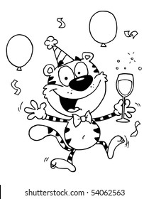 Outlined Party Tiger Character With Champagne