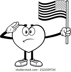 Outlined Patriotic Heart Cartoon Character Salute And Flashes US Flag. Vector Hand Drawn Illustration Isolated On White Background