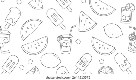 An outlined pattern featuring watermelon slices, lemons, popsicles, and drinks with ice and lemon slices, evoking a summer theme.