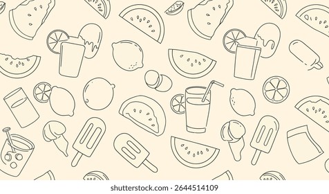 Um padrão contornado com fatias de melancia, limões, picolés e bebidas com fatias de limão e canudos, criando um verão, vibração refrescante.