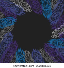 Outlined peacock feathers on black background. Isolated frame with space for text. Vector illustration.