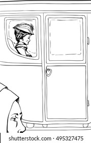 Outlined peasant woman compared to wealthy 18th century woman seated in luxurious carriage with glass windows