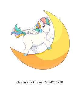 Outlined Pegasus on the Moon in Cartoon style, vector flying horse and Crescent Moon, isolated Pegasus, Fairytale horse, Cute Pegasus for prints and patterns in Children’s goods field.