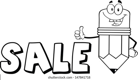 Outlined Pencil Cartoon Character Giving A Thumb Up With Text Sale