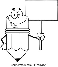 Outlined Pencil Cartoon Character Holding A Blank Sign