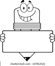 Outlined Pencil Cartoon Character Holding A Banner