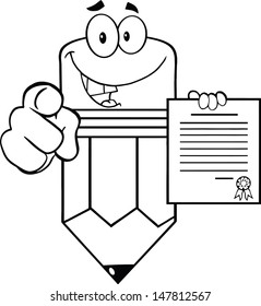 Outlined Pencil Cartoon Character Pointing With Finger And Holding A Contract