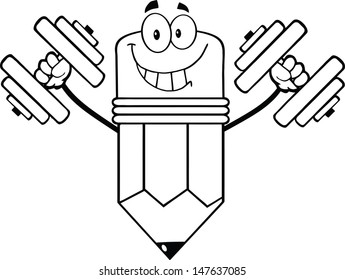 Outlined Pencil Cartoon Character Training With Dumbbells