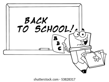 Outlined Pencil Character Holding An A Plus Report Card