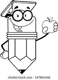 Outlined Pencil Teacher  With Graduate Hat Holding A Red Apple