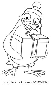 Outlined penguin holding a gift