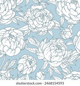 Outlined peony pattern. Seamless floral background, vintage drawing. Botanical print with blossomed flowers in retro style. Endless texture. Hand-drawn contoured vector illustration for textile