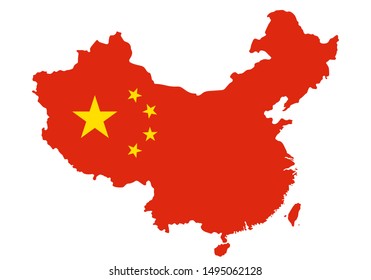 Outlined People's Republic Of China Map Country Silhouette In National Flag Stile Vector Drawing Template For Your Design. 