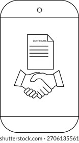 Telefone com estrutura de tópicos exibindo handshake sob documento de certificado