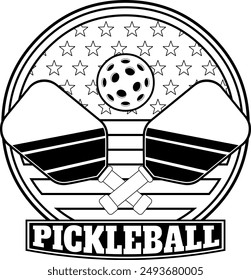 Outlined PickleBall Graphic Design Logo With Crossed Paddles And USA Flag. Vector Hand Drawn Illustration Isolated On Transparent Background