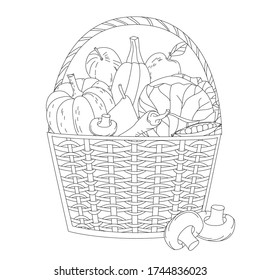 outlined picture of vegetables and fruits in wicker basket for your coloring book
