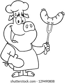 Outlined Pig Chef Cartoon Mascot Character With Sausage On Fork