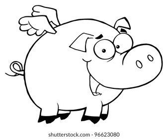 Outlined Pig Flying Cartoon Character. Jpeg version also available in gallery.